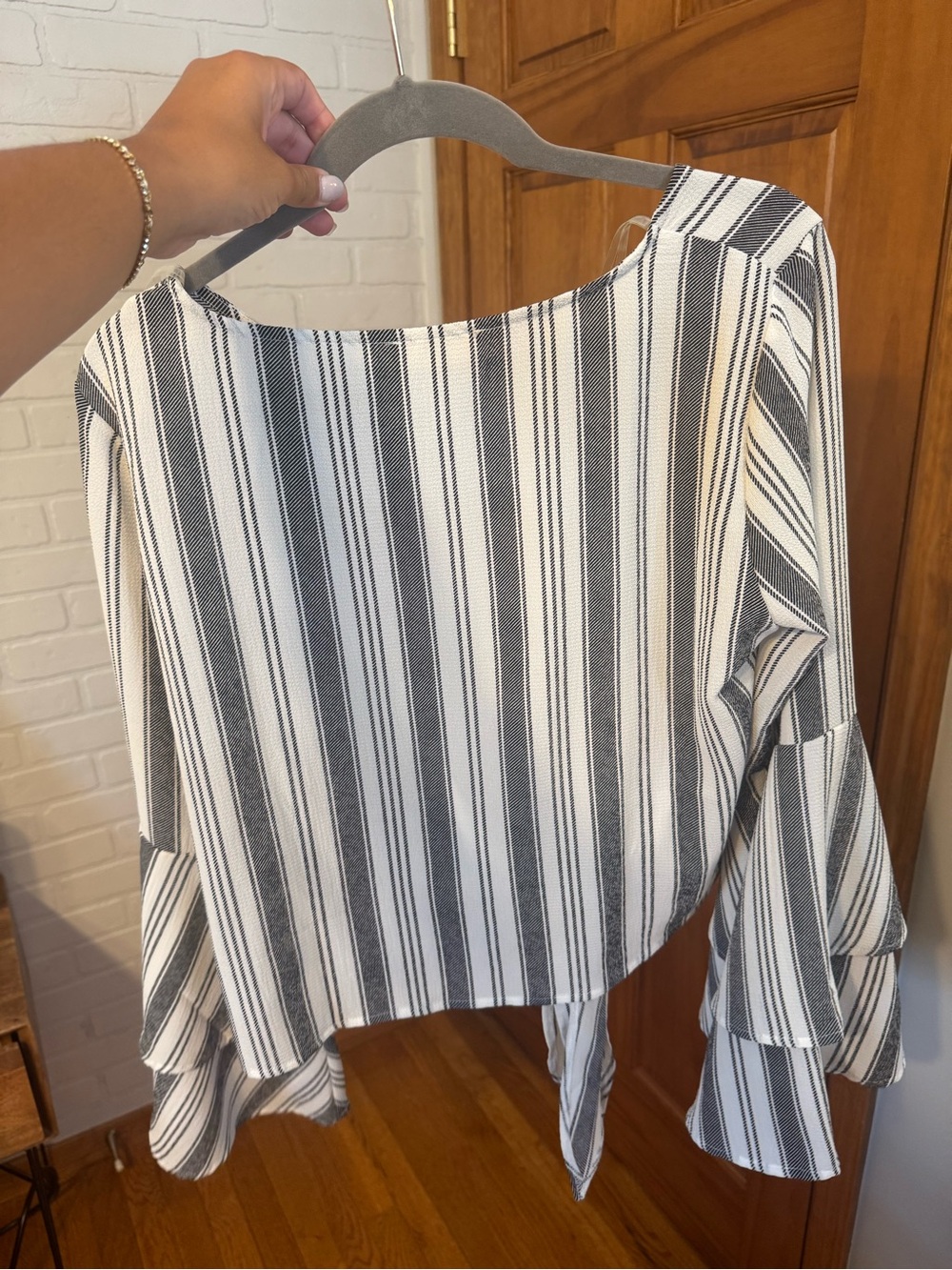 Altar'd State Black & White Striped Tie-Front Bell Sleeve Blouse - Picture 3 of 4